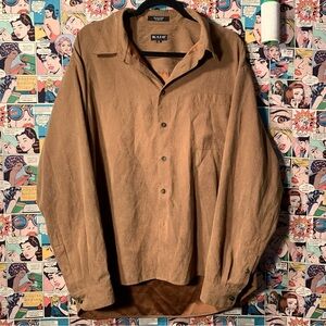 Vintage Kaid Mens Tan Faux Suede Button-Up Shirt XL Y2K Vibes